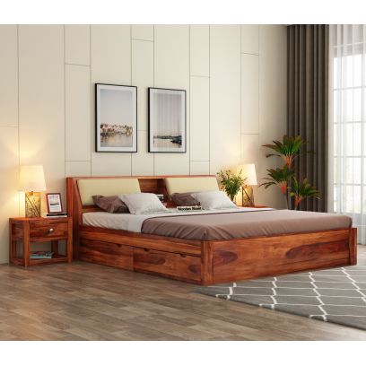 Walken Sheesham Wood Bed with Full Drawer Storage (King Size, Honey Finish)