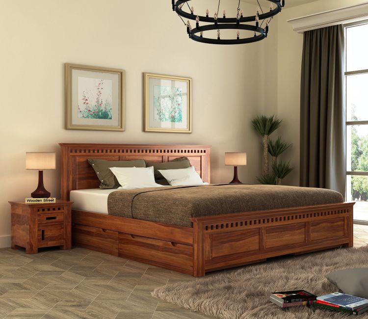 King Size Bed with side storage, beds for sale, bed online in India, wooden bed, double bed furniture, dabal bed price in india, double bed with storage